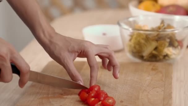 Close Hands Holding Knife Preparing Contented Meal Sliced Tomatoes Other — Stockvideo