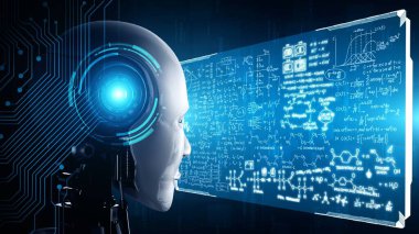 Hominoid yapay zeka kullanarak matematiksel hesaplama ve bilimsel denklem konseptinde hologram ekrana bakan yapay zeka ile makine öğrenme süreci. 3B görüntüleme.
