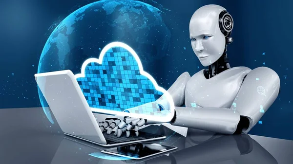 AI robot huminoid uses cloud computing technology to store data on online server . Futuristic concept of cloud information storage analyzed by machine learning process . 3D rendering .