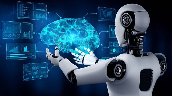 Hominoid Robot Holding Virtual Hologram Screen Showing Concept Brain Artificial — Stock Photo, Image