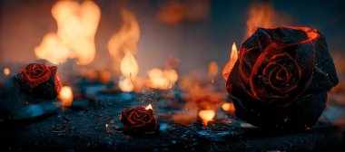 Heartbroken concept by half burnt rose leaving some into black ashes and embers. Digital art 3D illustration.