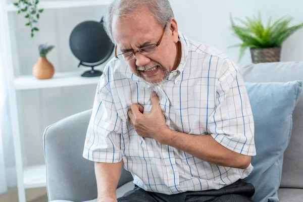 Agonizing Senior Man Suffering Chest Pain Heart Attack Alone His — Stockfoto