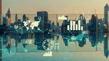 İş verileri analitik arayüzü akıllı şehrin üzerinde uçuyor ve iş zekasının geleceğini değiştiriyor. Stratejik plan için büyük verileri analiz etmek için bilgisayar yazılımı ve yapay zeka kullanılır .