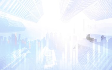 Stock market business concept. Financial graphs and digital indicators with modernistic urban area and skyscrapers as background. Double Exposure.