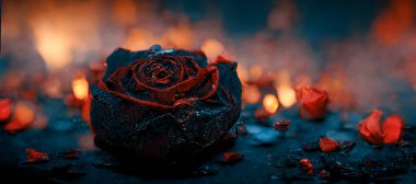 Heartbroken concept by half burnt rose leaving some into black ashes and embers. Digital art 3D illustration.