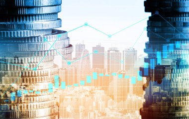 Finans ve para teknolojisi iş refahı ve varlık yönetimi kavramı. Yaratıcı grafik, refah karı elde etmek için değerli varlıklara yatırım yaparak ekonomi ve mali büyümeyi gösteriyor .