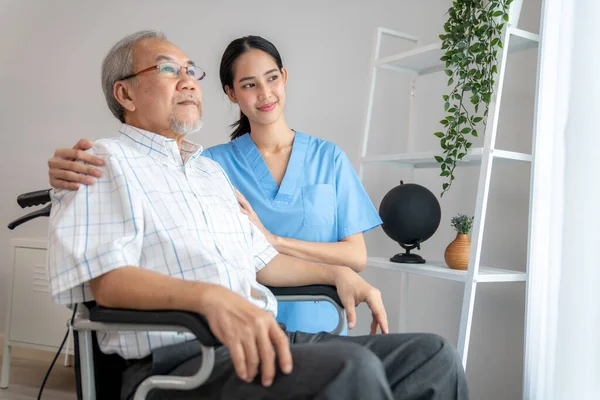 Caring Nurse Contented Senior Man Wheel Chair Home Nursing House — 图库照片