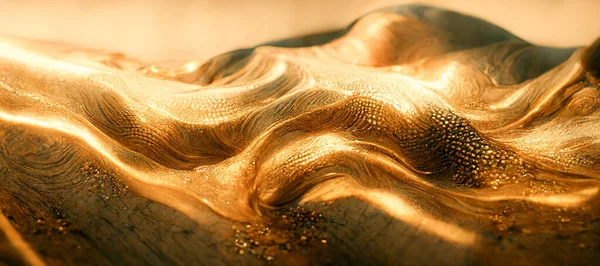 Spectacular abstract glistening golden solid liquid waves like liquid gold or solid yellow water. Digital 3D illustration.