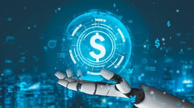 Gelecekçi robot yapay zeka devrimci yapay zeka teknoloji geliştirme ve makine öğrenme kavramı. İnsan hayatının geleceği için küresel robot biyonik bilim araştırması. 3B görüntüleme grafiği.