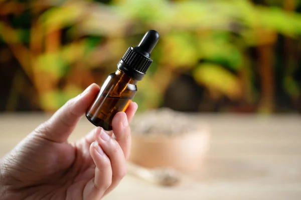 Hands holding a bottle of CBD oil and its dropper lid, with hemp leaf in the background. Legalized CBD product for medical purposes.