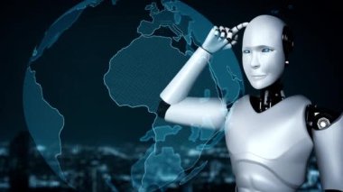 Future financial technology controll by AI robot huminoid uses machine learning and artificial intelligence to analyze business data and give advice on investment and trading decision . 3D rendering .