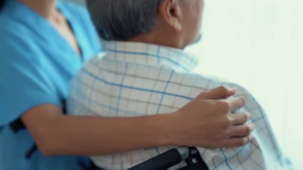 Rear View Caregiver Her Contented Senior Patient Gazing Out Window — 图库视频影像