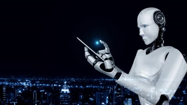 机器人人形机器人使用手机或平板电脑进行全球网络连接 利用人工智能 人工智能和机器学习过程进行第四次工业革命 3D渲染 — 图库视频影像