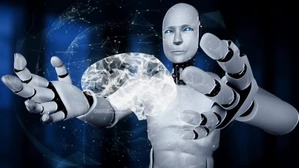 Hominoid Robot Holding Virtual Hologram Screen Showing Concept Brain Artificial — 비디오