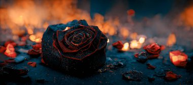 Heartbroken concept by half burnt rose leaving some into black ashes and embers. Digital art 3D illustration.