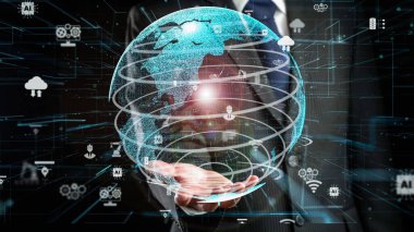 İşadamı robot sanayi devriminin ima edici teknolojisinin hologramını gösterdi. Sanal artırılmış gerçeklik, geleceksel HUD oluşturmak için 3 boyutlu görüntüleme ve animasyon ile oluşturulmuştur. .