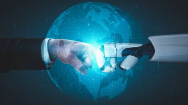 Gelecekçi robot yapay zeka yapay zeka yapay zekayı aydınlatıyor ve makine öğrenme kavramını geliştiriyor. İnsan hayatının geleceği için küresel robot biyonik bilim araştırması. 3B görüntüleme grafiği.