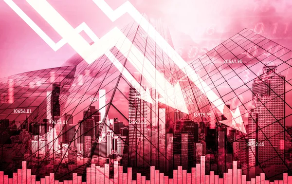 Stock market crash, declined economic, graph falling down and digital indicators overlaps modernistic city. Double exposure.