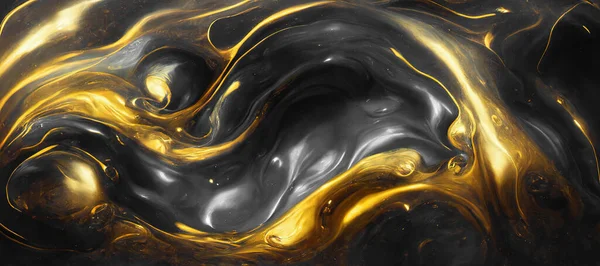 Spectacular image of black and golden liquid ink churning together, with a realistic texture and great quality for abstract concept. Digital art 3D illustration.