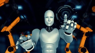 Cybernated industry robot and robotic arms for assembly in factory production . Concept of artificial intelligence for industrial revolution and automation manufacturing process .