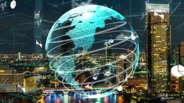 Akıllı şehirde küresel bağlantı ve internet ağı değişikliği. Gelecekteki kablosuz dijital bağlantı ve sosyal medya ağı kavramı .