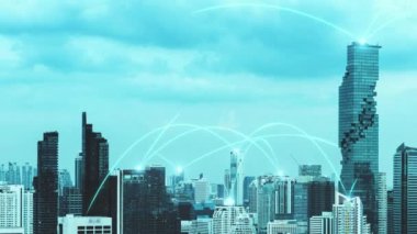 Şehir üzerinde bağlantı ağı karşılıklılığına sahip akıllı dijital şehir. Şehirdeki insanları birbirine bağlayan gelecek akıllı kablosuz dijital şehir ve sosyal medya ağı kavramı .