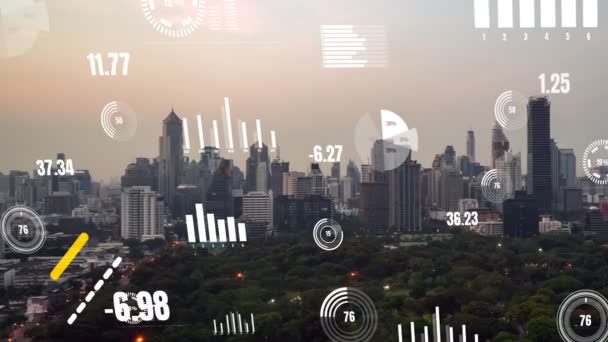 Business Data Analytic Interface Fly Smart City Showing Alteration Future — Stock Video