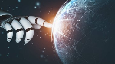 Gelecekçi robot yapay zeka devrimci yapay zeka teknoloji geliştirme ve makine öğrenme kavramı. İnsan hayatının geleceği için küresel robot biyonik bilim araştırması. 3B görüntüleme grafiği.