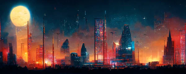 Spectacular nighttime in cyberpunk city of the futuristic fantasy world features skyscrapers, flying cars, and neon lights. Digital art 3D illustration. Acrylic painting.