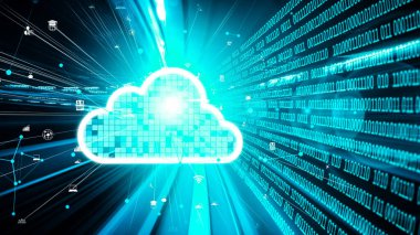 Akıllı paylaşım yazılımıyla bulut bilgisayarı ve çevrimiçi veri depolama. Yeni bilgi çağındaki küresel eğilimleri değiştiren akıllı dijital dönüşüm ve teknoloji bozulması kavramı .