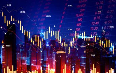The digital indicators and declining graphs of a stock market crash overlap the backdrop of a modernistic city. Concept of a market crash in double exposure.