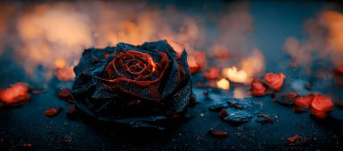 Heartbroken concept by half burnt rose leaving some into black ashes and embers. Digital art 3D illustration.