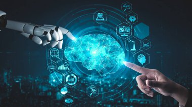 Gelecekçi robot yapay zeka yapay zeka yapay zekayı aydınlatıyor ve makine öğrenme kavramını geliştiriyor. İnsan hayatının geleceği için küresel robot biyonik bilim araştırması. 3B görüntüleme grafiği.