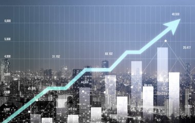 As background for a financial or business concept, digital screen and financial graphs overlap on a picture of modernistic cityscape, skyscrabbers.