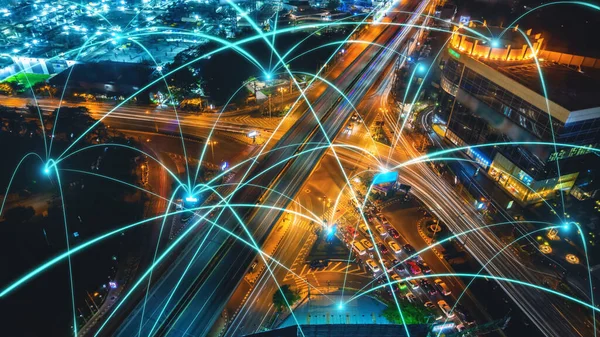 Έξυπνη Ψηφιακή Πόλη Σύνδεση Δικτύου Αμοιβαιότητας Πάνω Από Αστικό Τοπίο — Φωτογραφία Αρχείου