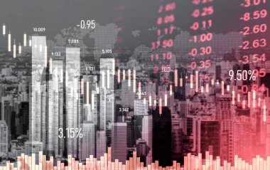Economic crisis concept shown by digital indicators and graphs falling down with modernistic urban, city area. Double exposure. Stock market crash concept.