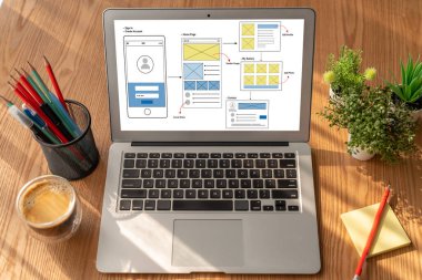 Model mobil uygulama ve web sitesi için UX UI tasarım süreci. Profesyonel uygulama geliştiricisi için kablo grafiğinin yaratıcı prototipi .
