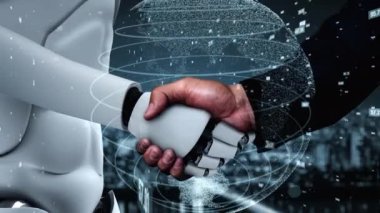 Futuristic robot artificial intelligence huminoid AI data analytic technology development and machine learning concept. Global robotic bionic science research for future of human life. 3D rendering.