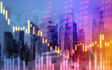 The digital indicators and declining graphs of a stock market crash overlap the backdrop of a modernistic city. Concept of a market crash in double exposure.