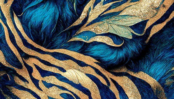 Spectacular abstract design with the teal and gold animal fur churning together like wavy liquid ink. Digital art 3D illustration. Texture resembling fur in the shape of a turbulent liquid.