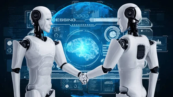 3D rendering hominoid robot handshake to collaborate future technology development by AI thinking brain, artificial intelligence and machine learning process for 4th industrial revolution.