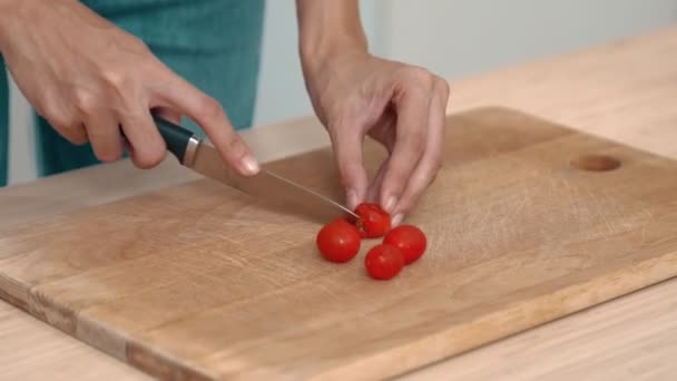 Close Hands Holding Knife Preparing Contented Meal Sliced Tomatoes Other — Stockvideo