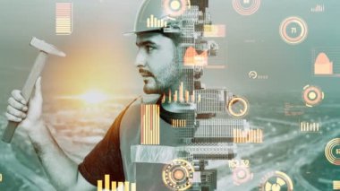 Gelecekteki bina inşaatı ve HUD hologram grafik tasarımı ile yaratıcı mühendislik projesi konsepti. İnşaat mühendisi, mimar ya da inşaat işçisi modern sivil teknoloji ile çalışıyor..