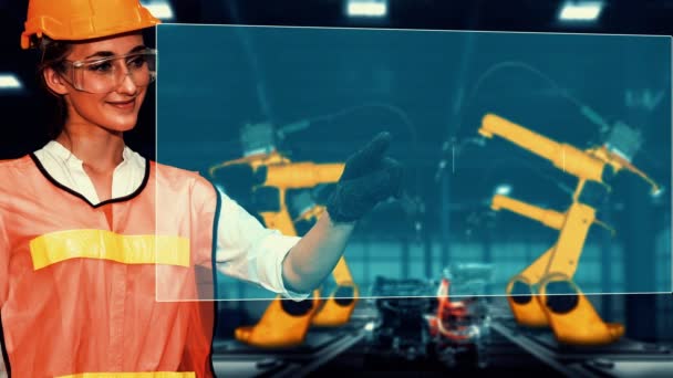 Інженер Використовує Кібер Роботизоване Програмне Забезпечення Управління Промисловим Роботом Рукою — стокове відео