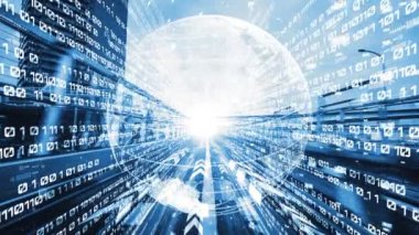 Fütürist küresel ağ ve dijital veri transferi 3D grafik. Yeni bilgi çağındaki küresel eğilimleri değiştiren akıllı dijital dönüşüm ve teknoloji bozulması kavramı .