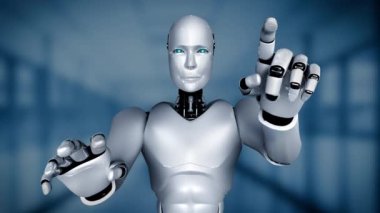 AI hominoid robot touching virtual hologram screen showing concept of big data analytic using artificial intelligence thinking by machine learning process. 3D rendering.