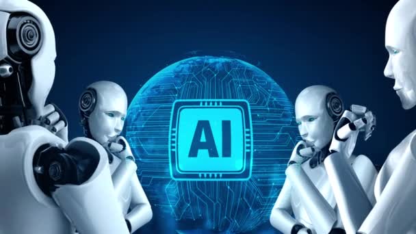 Ai人間型ロボットを考える機械学習プロセスにより Ai脳と人工知能思考の概念を示すホログラム画面を解析します 3Dレンダリング — ストック動画
