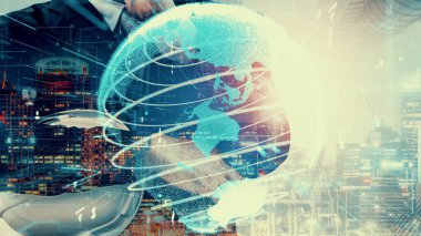 Gelecekteki bina inşaatı ve HUD hologram grafik tasarımı ile yaratıcı mühendislik projesi konsepti. İnşaat mühendisi, mimar ya da inşaat işçisi modern sivil teknoloji ile çalışıyor..