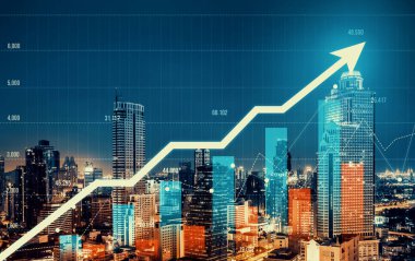As background for a financial or business concept, digital screen and financial graphs overlap on a picture of modernistic cityscape, skyscrabbers.