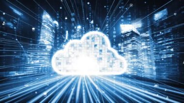 Akıllı paylaşım yazılımıyla bulut bilgisayarı ve çevrimiçi veri depolama. Yeni bilgi çağındaki küresel eğilimleri değiştiren akıllı dijital dönüşüm ve teknoloji bozulması kavramı .